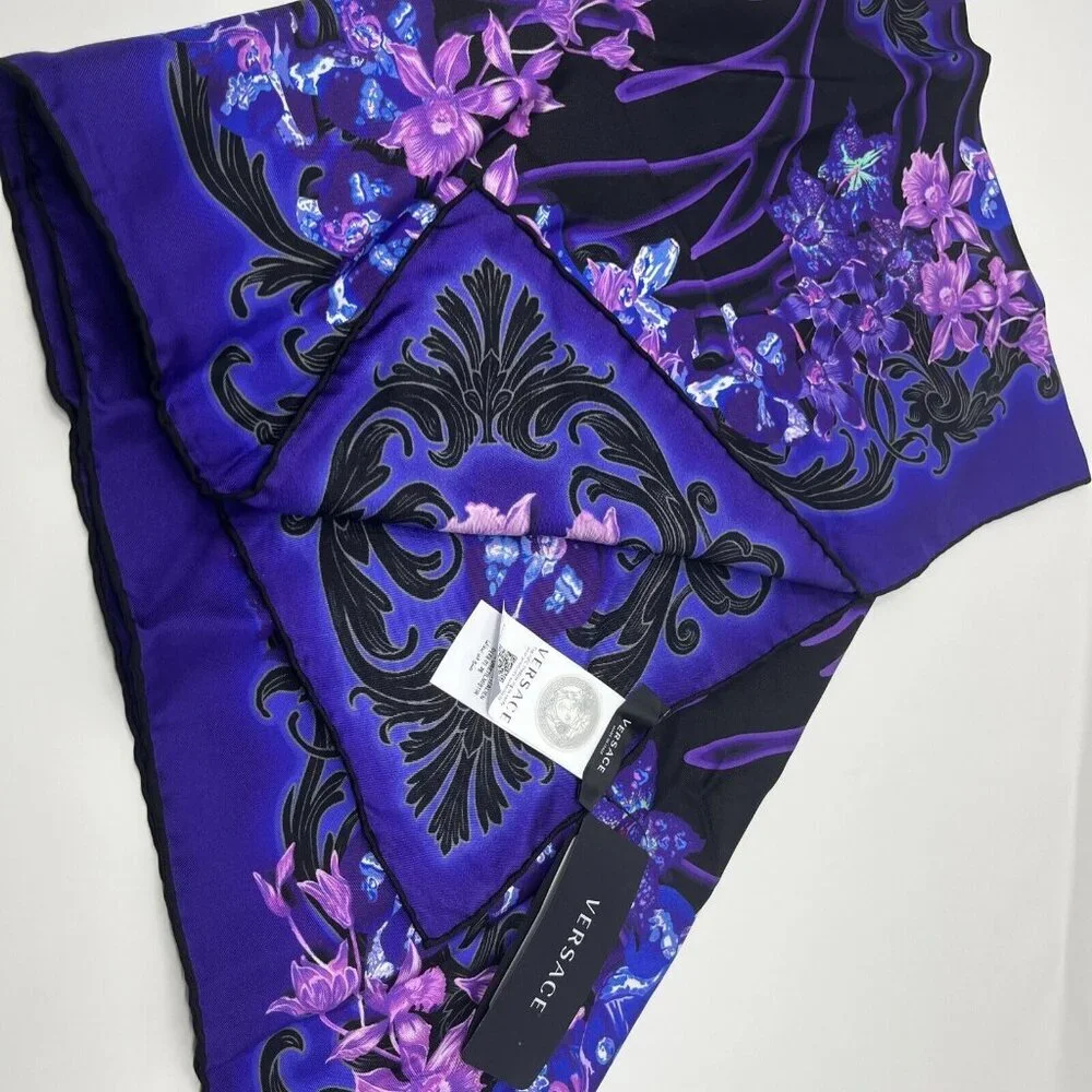 Versace Orchid Print 100% Silk Square Purple Black Scarf Rtl $525 New with Tags
